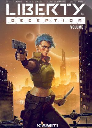 Couverture de la BD Liberty Deception montrant une femme armée dans une ville futuriste en ruines
