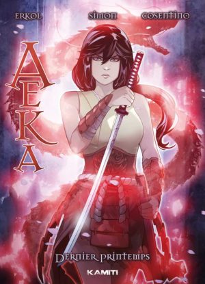 Couverture de la BD Aeka montrant une guerrière avec un sabre dans une ambiance fantastique