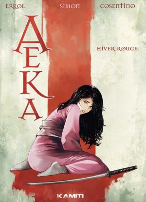Couverture de la BD Aeka montrant une femme en kimono avec un sabre dans une ambiance épurée