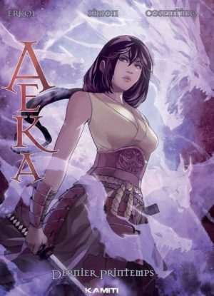 Couverture de la BD Aeka montrant une guerrière avec un sabre dans une ambiance fantastique