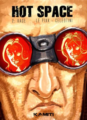 Couverture de la BD Hot Space 2 montrant un visage avec des lunettes reflétant une scène futuriste
