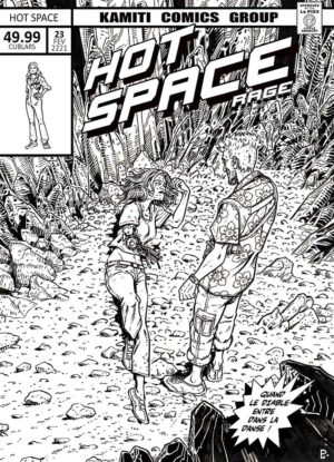 Couverture noir et blanc de la BD Hot Space 2 montrant une scène de confrontation dans un décor rocheux