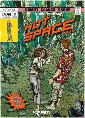 Couverture de la BD Hot Space montrant une scène de confrontation dans un décor rocheux futuriste