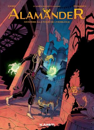 Couverture de la BD Alamander avec un personnage manipulant une énergie magique devant une cité fantastique
