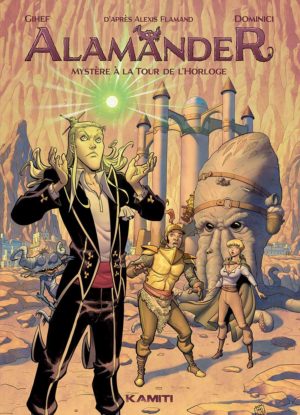 Couverture de la BD Alamander avec un personnage manipulant une énergie magique devant une cité fantastique