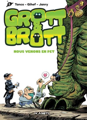 Couverture de la BD Grott & Brott avec des personnages humoristiques face à une créature géante verte