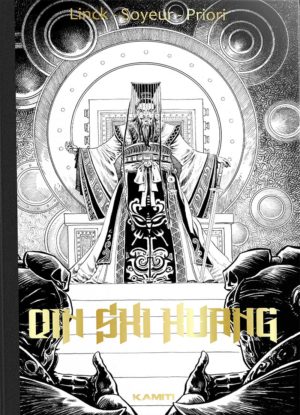 Couverture de la BD Qin Shi Huang, tirage de luxe, représentant l’empereur chinois assis sur un trône entouré de motifs dorés