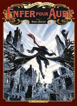 Couverture de la BD Enfer pour Aube avec un personnage sautant au-dessus d’une ville en ruines